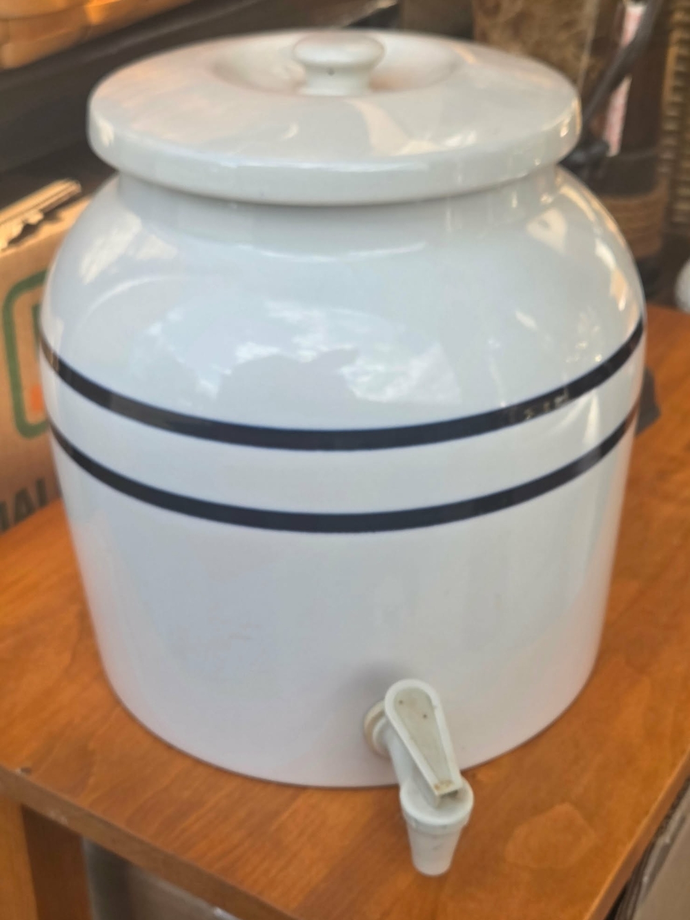 Vintage Porcelain Tabletop Water Dispenser with Navy Stripes 2.5 - 5 Gallon
